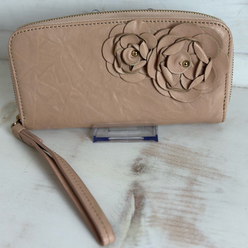 Jimmy Choo Flower Zip Around Long Wallet in Powder Bikers Leather
